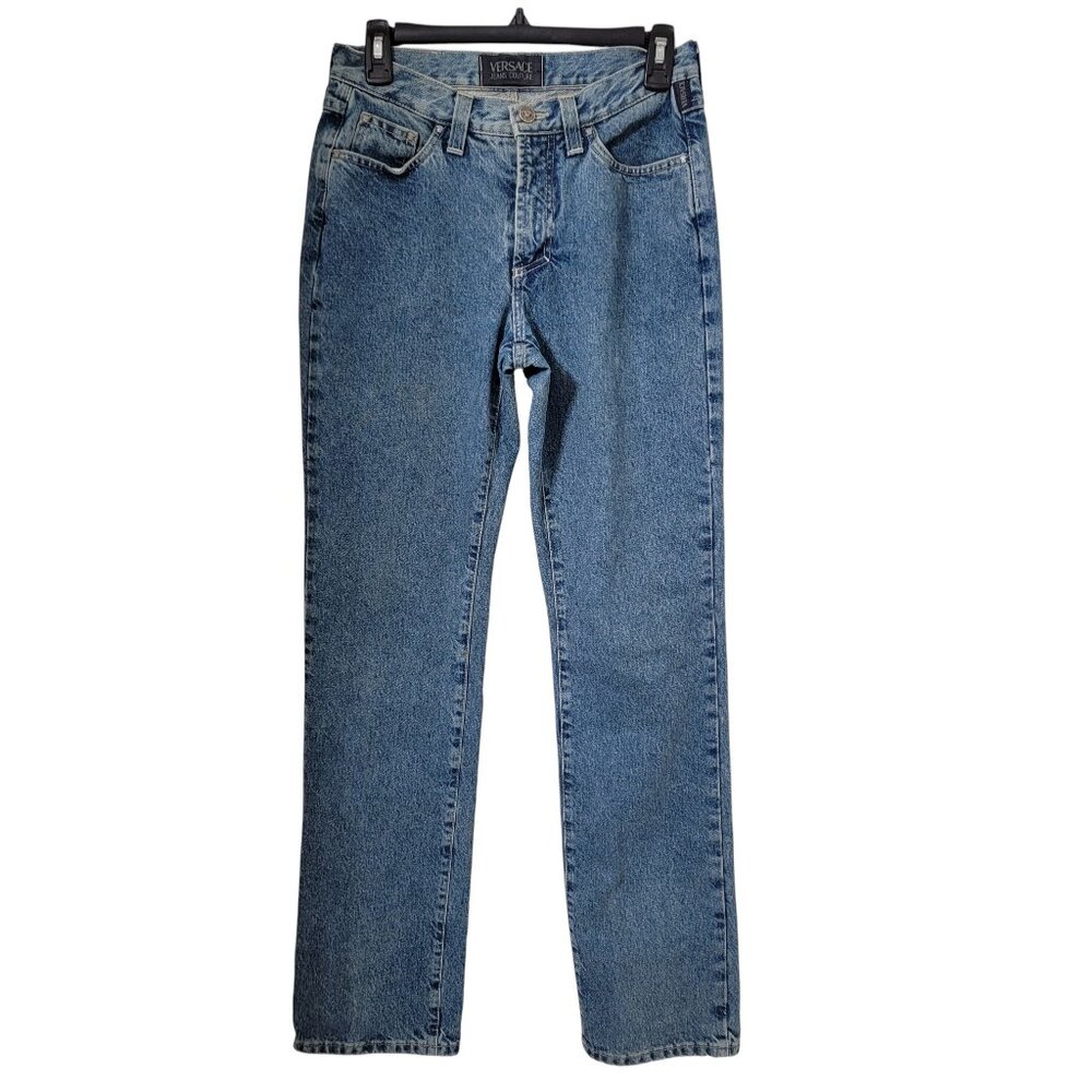 Unisex Size 28 Versace Jeans Couture 90's Iconic High Waisted Blue Denim Jeans